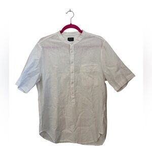 ALCA Amanda Laird Cherry Off-White Woven Linen Collarless Shirt Size Medium